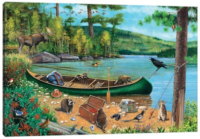 Green Canoe At Lake Canvas Art Print - Raccoon Art