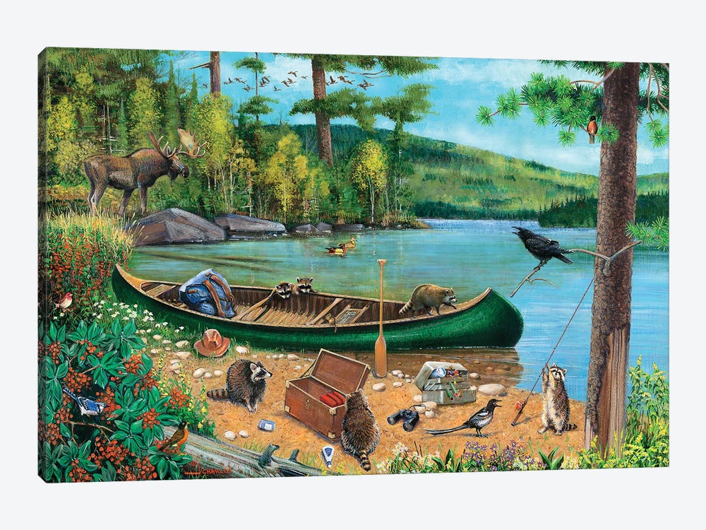 Green Canoe At Lake by J. Charles 1-piece Canvas Artwork