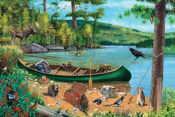 Raccoons: Green Canoe At Lake by J. Charles