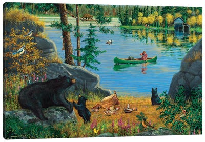 Bear Family At Lake Canvas Art Print - J. Charles