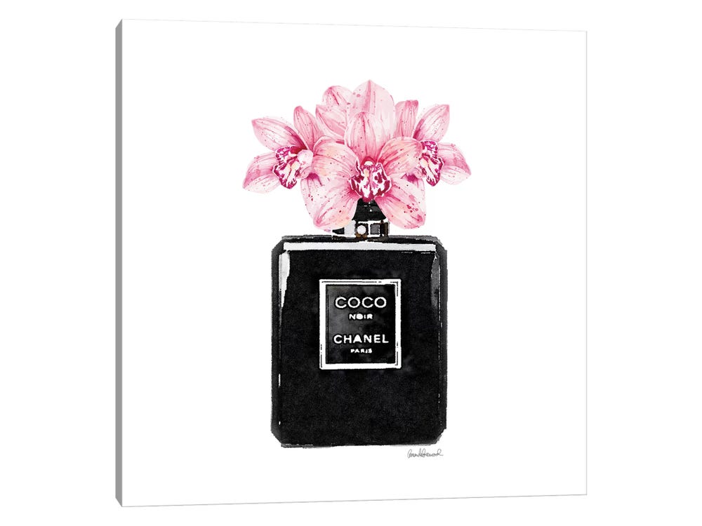 Amanda Greenwood Canvas Art Picture - Coco Noir Perfume with Pink Orchids ( Floral & Botanical > Flowers > Orchids art) - 26x26 in