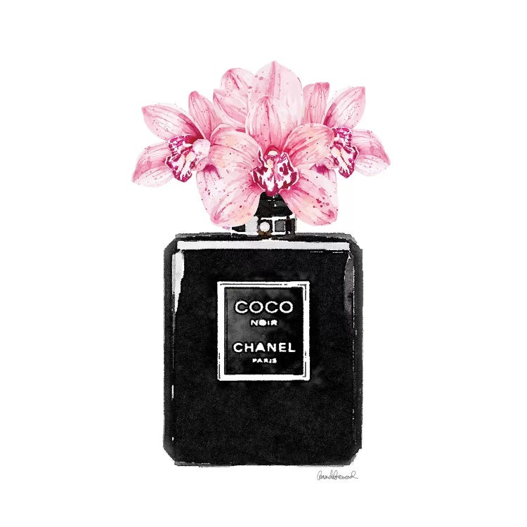 Framed Canvas Art - Coco Noir Perfume with Pink Orchids by Amanda Greenwood ( Floral & Botanical > Flowers > Orchids art) - 26x26 in