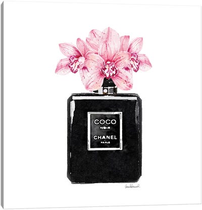 Coco Noir Perfume With Pink Orchids Canvas Art Print - Orchid Art