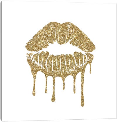 Gold Kiss Mark Drips, Square Canvas Art Print - Gold & White Art