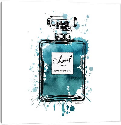 Inky Perfume Bottle Teal Black, Square Canvas Art Print - Chanel Art