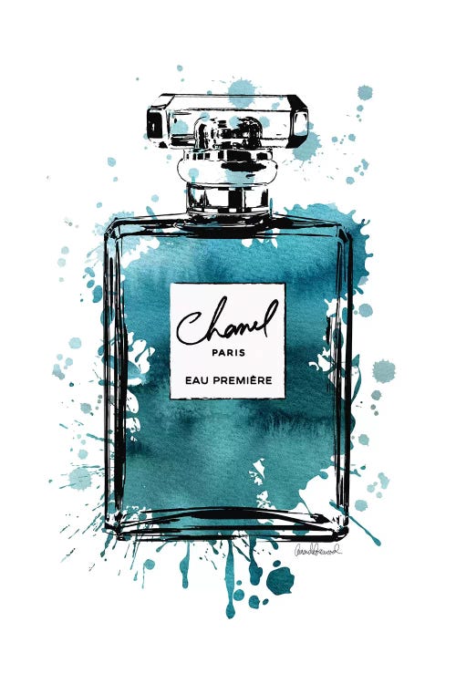 Framed Canvas Art (Champagne) - Inky Perfume Bottle Teal Black by Amanda Greenwood ( Fashion > Fashion Brands > Chanel art) - 26x18 in