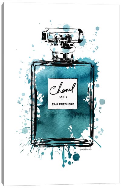 Inky Perfume Bottle Teal Black Canvas Art Print - Chanel Art