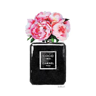 Framed Canvas Art - Coco Noir Perfume with Pink Peonies by Amanda Greenwood ( Floral & Botanical > Flowers > Peonies art) - 18x18 in