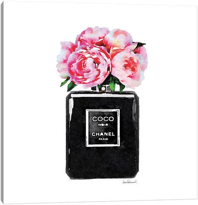 Coco Noir Perfume With Pink Peonies Canvas Art Print - Best Selling Fashion Art