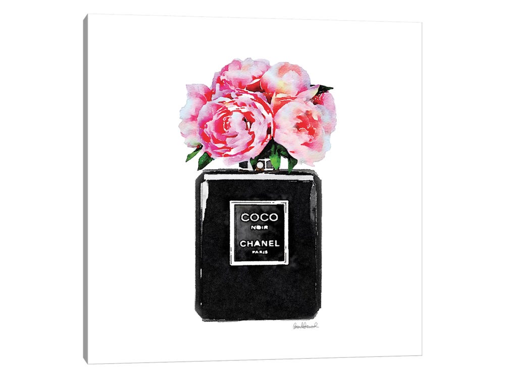 Amanda Greenwood Canvas Art Prints - Coco Noir Perfume with Pink Peonies ( Floral & Botanical > Flowers > Peonies art) - 37x37 in
