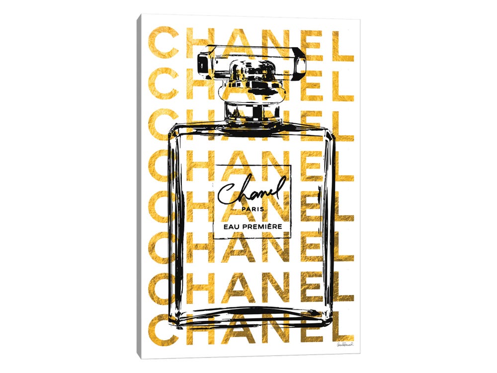 Framed Canvas Art (White Floating Frame) - Perfume Bottle with Gold Writing by Amanda Greenwood ( Fashion > Fashion Brands > Chanel art) - 26x18 in