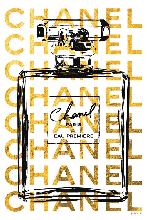 Framed Canvas Art (White Floating Frame) - Perfume Bottle with Gold Writing by Amanda Greenwood ( Fashion > Fashion Brands > Chanel art) - 26x18 in