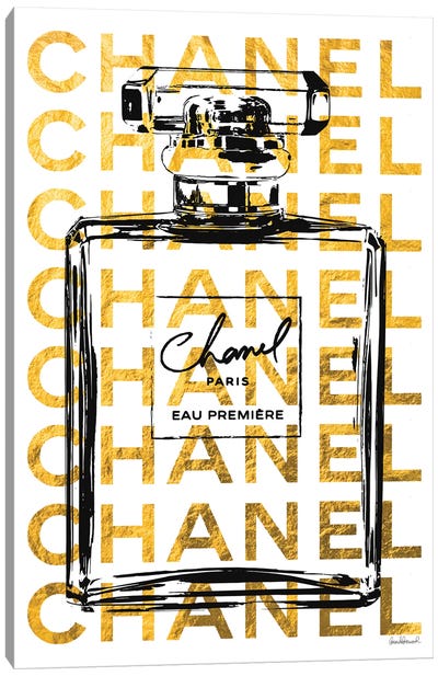 Perfume Bottle With Gold Writing Canvas Art Print - Fashion Brand Art
