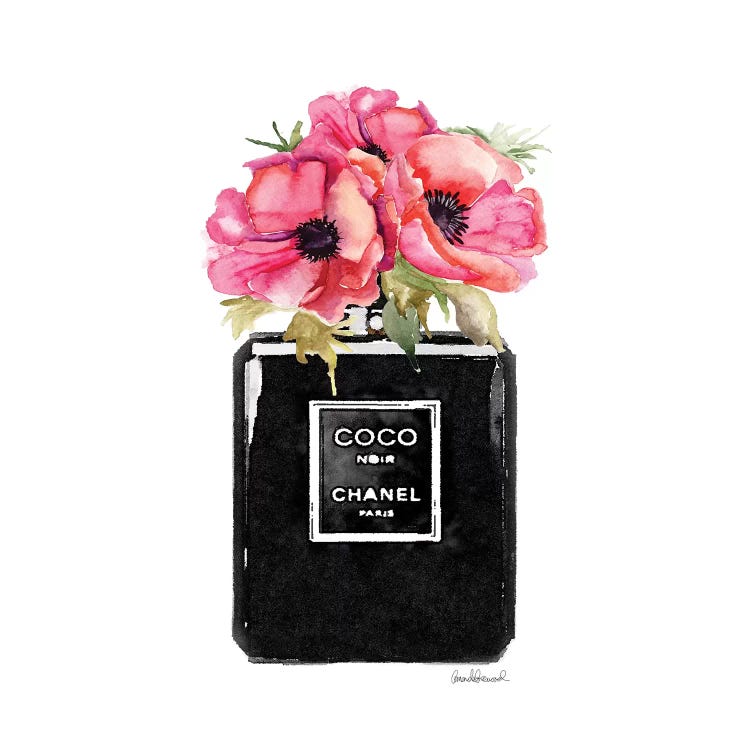 Framed Canvas Art - Coco Noir Perfume with Red Poppies by Amanda Greenwood ( Fashion > Hair & Beauty > Perfume Bottles art) - 18x18 in