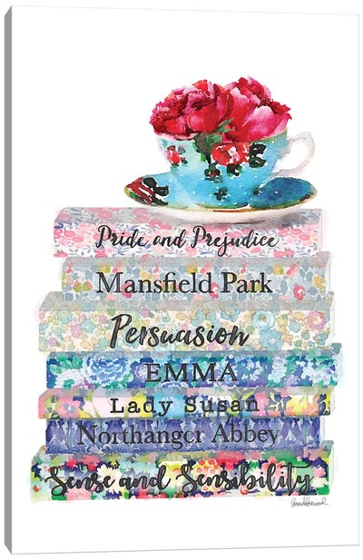 Austen Flower Books & Deep Peony Tea Cup Canvas Art Print - Book Art