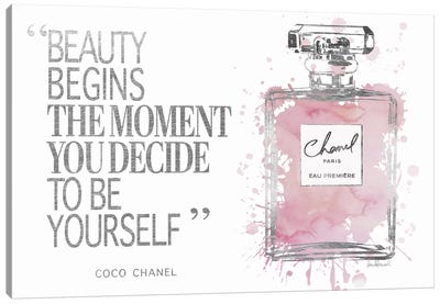 Beauty Begins Perfume Bottle, Silver & Muted Pink Canvas Art Print - Quotes & Sayings Art