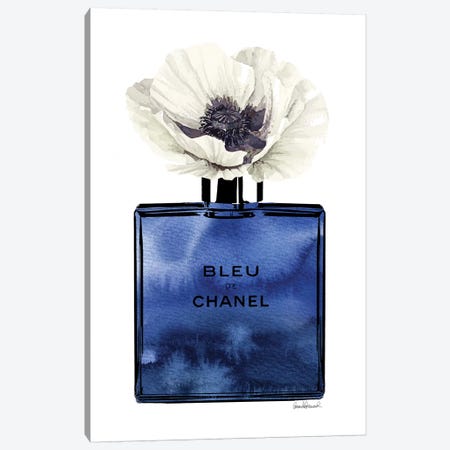 Framed Canvas Art - Gold Perfume Bottle with Navy Blue Splash by Amanda Greenwood ( Fashion > Hair & Beauty > Perfume Bottles art) - 26x18 in