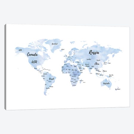Blue World Map With Countries Canvas Print #GRE144} by Amanda Greenwood Canvas Art Print