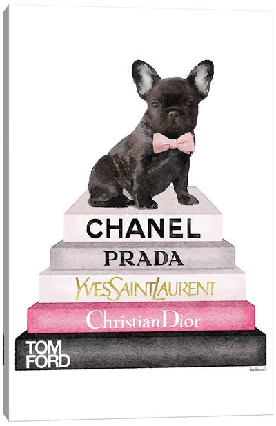 Bookstack Grey Pink White Black & French Bulldog Canvas Art Print - Dog Art