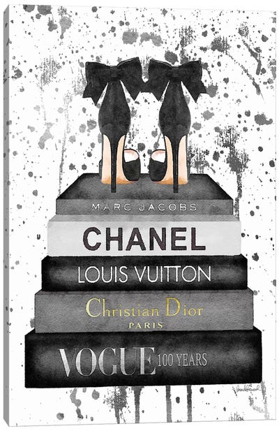 Fashion Bookstack Grey Bow Shoes & Ink Canvas Art Print - Chanel Art