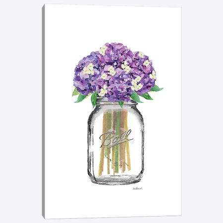 Glass Jar With Purple & Yellow Hydrangeas Canvas Print #GRE161} by Amanda Greenwood Canvas Artwork