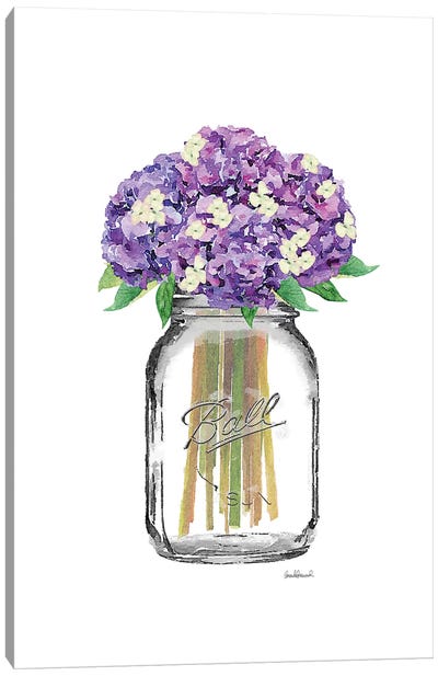 Glass Jar With Purple & Yellow Hydrangeas Canvas Art Print - Hydrangea Art