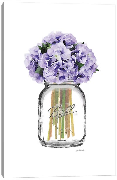 Glass Jar With Purple Hydrangeas Canvas Art Print - Gray & Purple Art