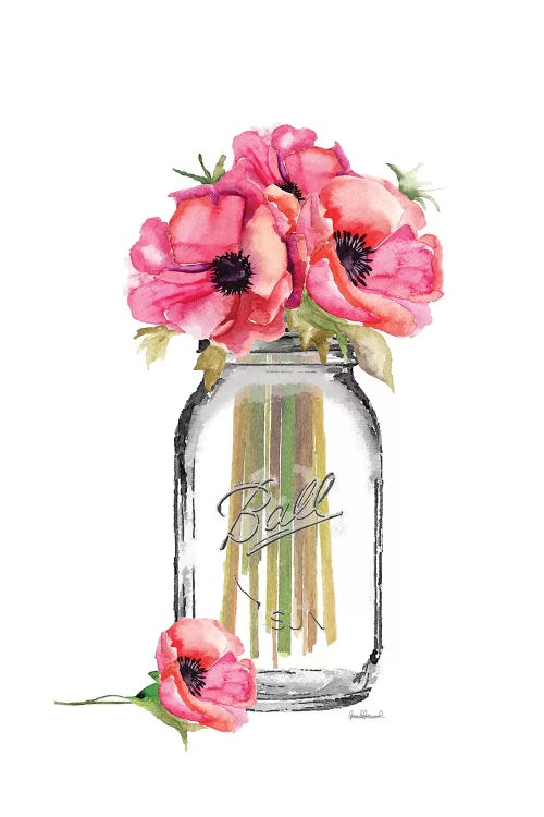 Glass Jar, Tall With Red Poppies