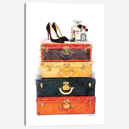 Luggage Stack Shoes Makeup Station Canvas Print #GRE175} by Amanda Greenwood Canvas Artwork