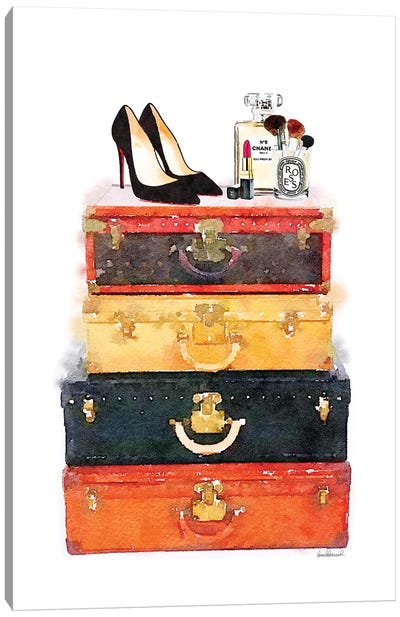 Luggage Stack Shoes Makeup Station Canvas Art Print - High Heel Art