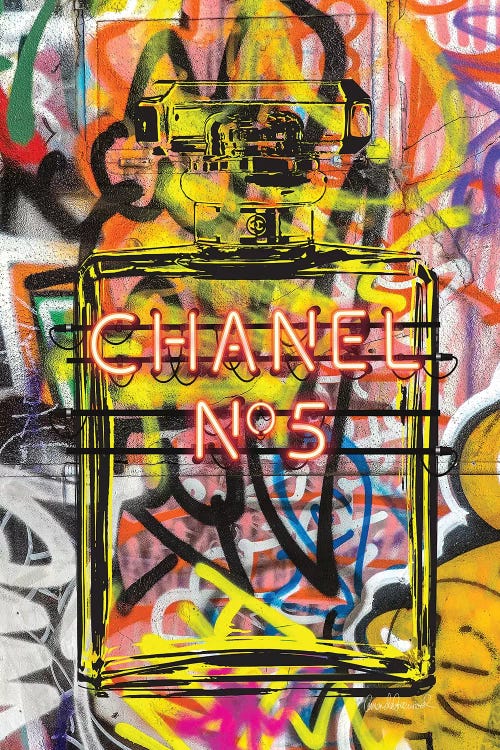 Framed Canvas Art (Champagne) - Neon Perfume by Amanda Greenwood ( Fashion > Fashion Brands > Chanel art) - 26x18 in