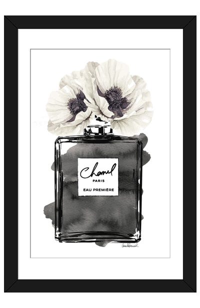 Perfume Bottle, Black With Grey & White Poppy Paper Art Print - Bedroom Art