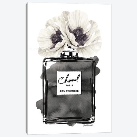Perfume Bottle, Black With Grey & White Poppy Canvas Print #GRE179} by Amanda Greenwood Art Print