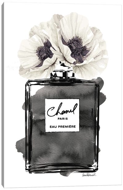 Perfume Bottle, Black With Grey & White Poppy Canvas Art Print - Perfume Bottles