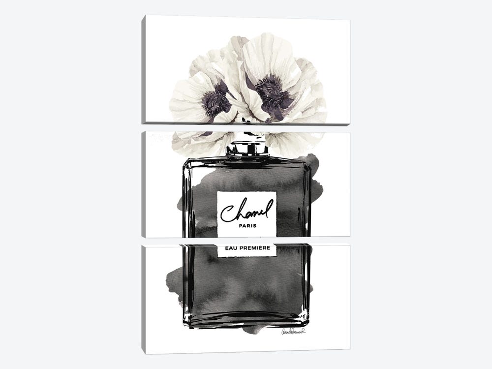 Perfume Bottle, Black With Grey & White Poppy 3-piece Canvas Art