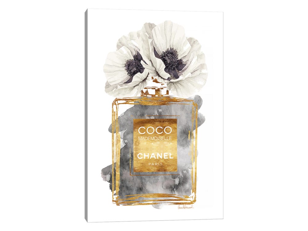 Amanda Greenwood Large Canvas Art Prints - Perfume Bottle, Dark Gold with Dark Grey & White Poppy ( Fashion > Hair & Beauty > Perfume Bottles art) 