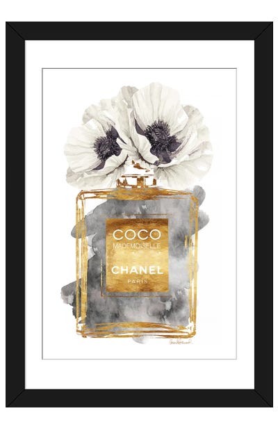 Perfume Bottle, Dark Gold With Dark Grey & White Poppy Paper Art Print - Bedroom Art