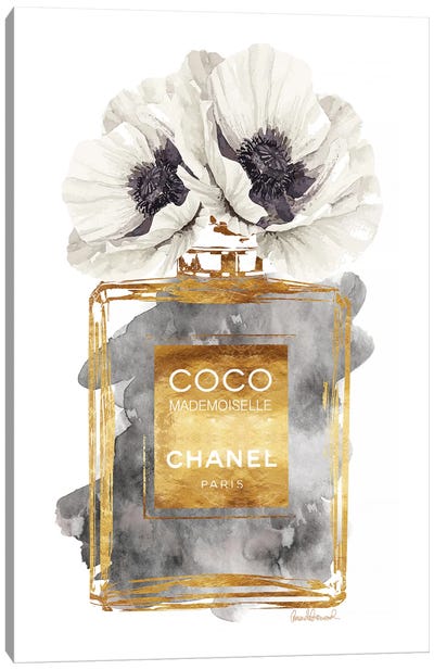 Perfume Bottle, Dark Gold With Dark Grey & White Poppy Canvas Art Print - Decorative Art