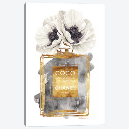 Perfume Bottle, Dark Gold With Dark Grey & White Poppy Canvas Art Print