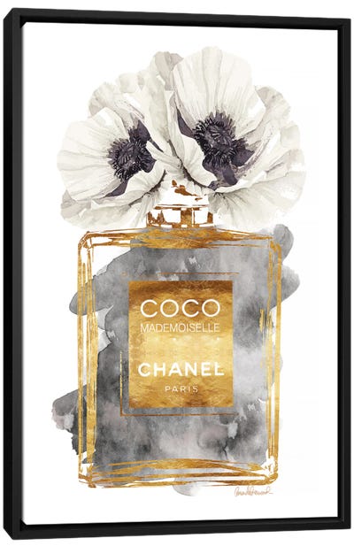 Perfume Bottle, Dark Gold With Dark Grey & White Poppy Canvas Art Print - Best Sellers