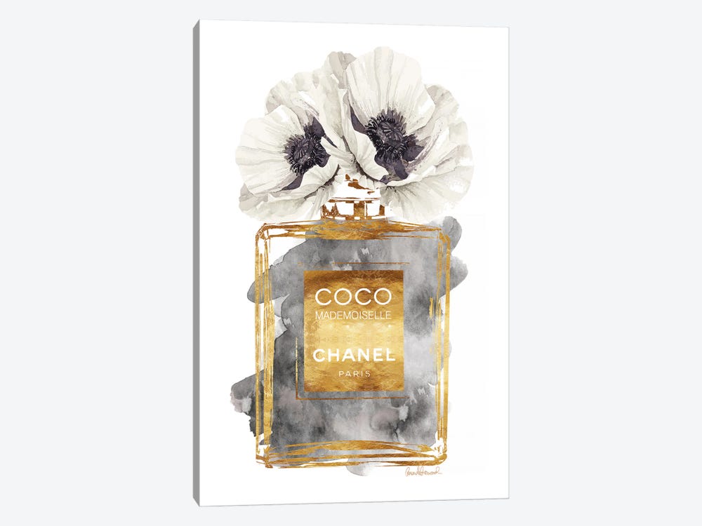 Perfume Bottle, Dark Gold With Dark Grey & White Poppy by Amanda Greenwood 1-piece Canvas Art