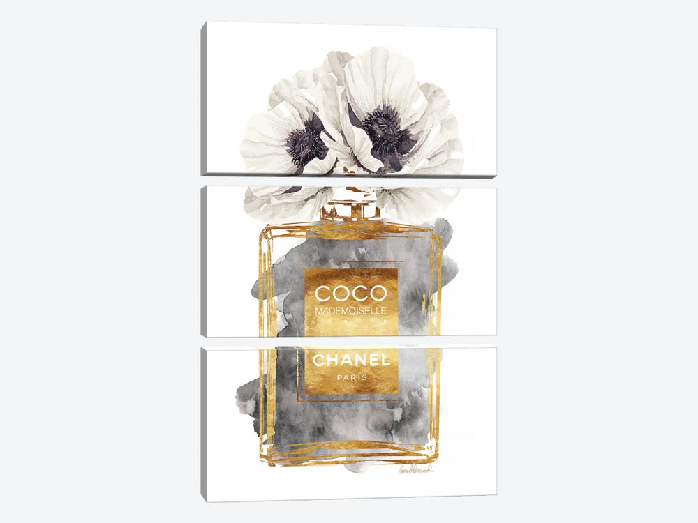 Perfume Bottle, Dark Gold With Dark Grey & White Poppy 3-piece Canvas Art