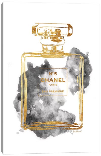Perfume Bottle, Gold & Grey Canvas Art Print - Chanel Art