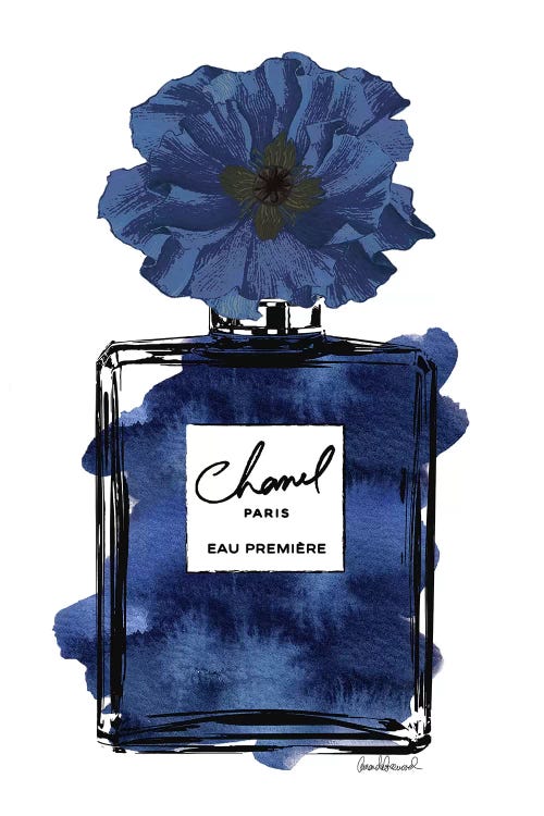 Amanda Greenwood Canvas Art Prints - Perfume with Black & Blue Flower ( Fashion > Hair & Beauty > Perfume Bottles art) - 60x40 in