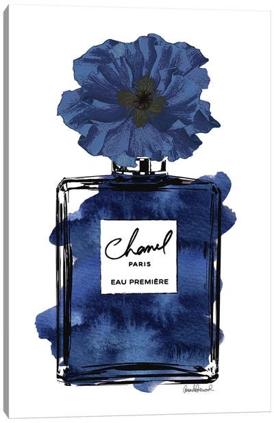 Perfume With Black & Blue Flower Canvas Art Print - Black, White & Blue Art