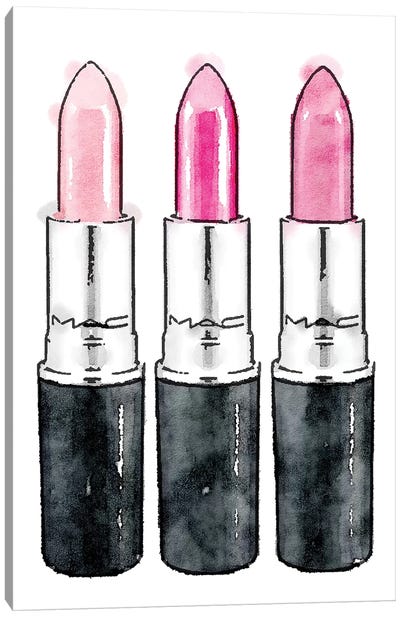 Pink Lipstick Row Of Three Canvas Art Print - Make-Up Art