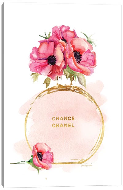 Round Perfume Bottle & Poppies Canvas Art Print - Fashion Brand Art