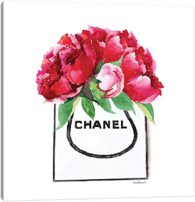 Fashion Shopping Bag With Deep Pink Peonies Canvas Art Print - Shopping Art