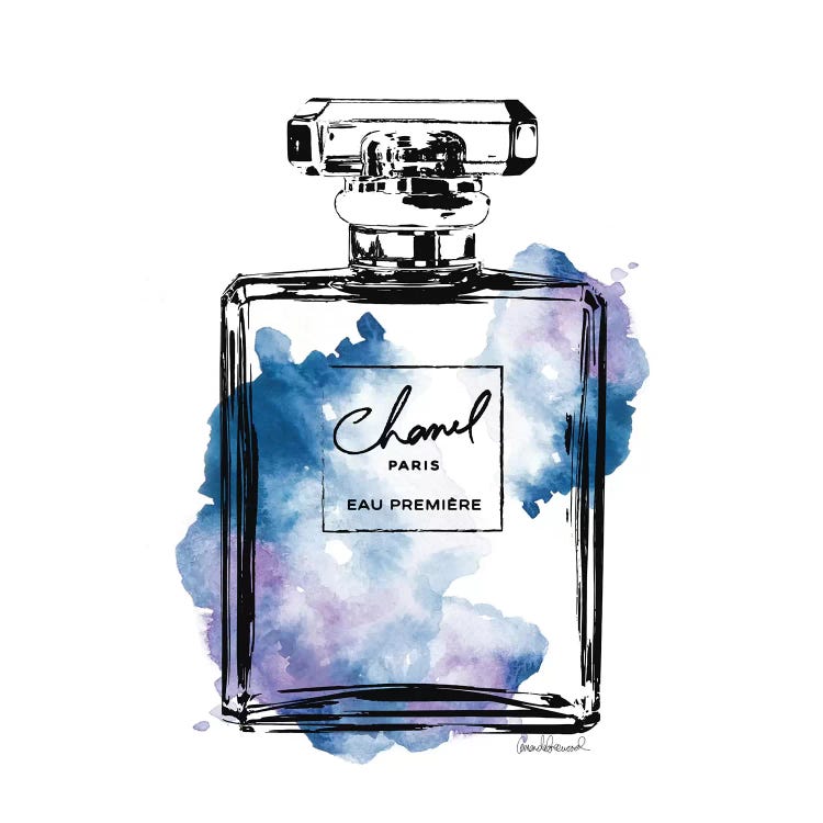 Framed Canvas Art - Black and Blue Perfume Bottle by Amanda Greenwood ( Fashion > Hair & Beauty > Perfume Bottles art) - 26x26 in