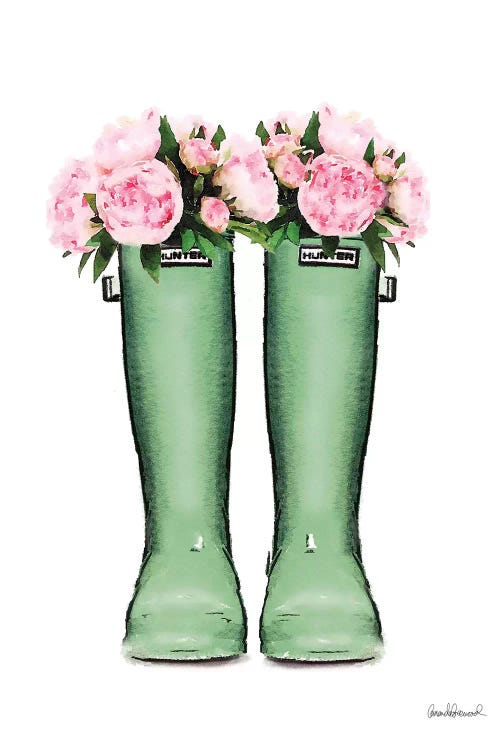 Hunter Boots In Green & Pink Peonies